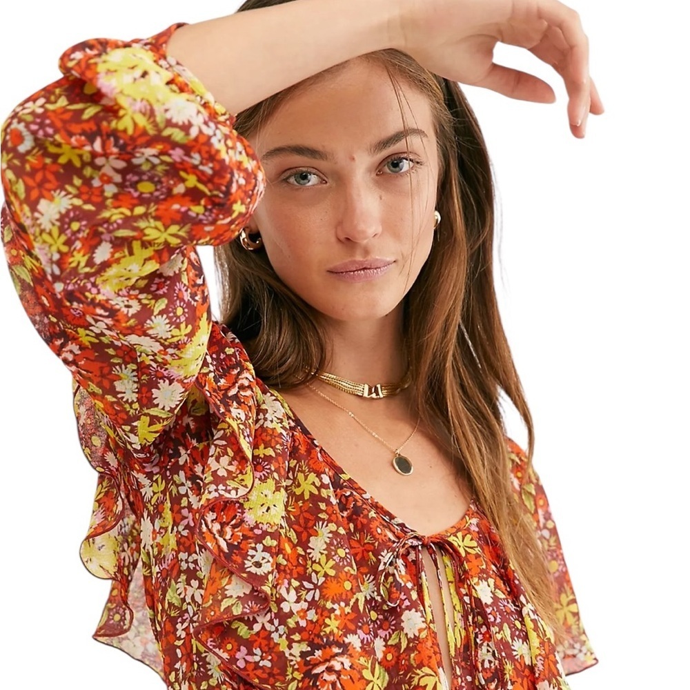 Free People Juniors Say It To Me Bodysuit Orange Yellow Sheer XS - Picture 3 of 8